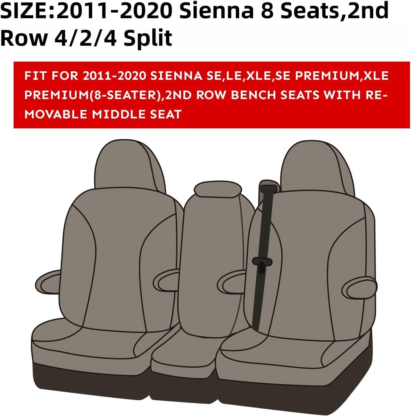 EKR Sienna Seat Covers for 2011-2020 Toyota Sienna LE,XLE, SE,XLE Premium 2nd Row 4/2/4 Split,8 Seats,Waterproof Car Seat Cover Full Set,Car Seat Protectors- Three Row,Leather (Black/Gray)