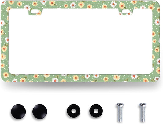 Cute Daisy Floral License Plate Frame Beautiful Flowers License Plate Holder for Personalized Car Decorative Stainless Steel Colorful License Plate Daisy Auto Part with Screws 12.2" x 6.2"