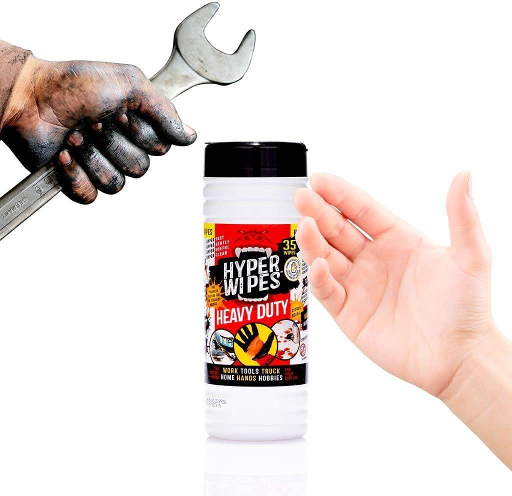 Hyper Wipes, 4 Pack Heavy Duty Hand & Tool Cleaning Wipes, 7"x12" Size Multi-Surface Cleaning Wipes, Degreasing, All Purpose Cleaner, Bathroom, Mechanic, Work Surface Wipes, 140 Count Canister
