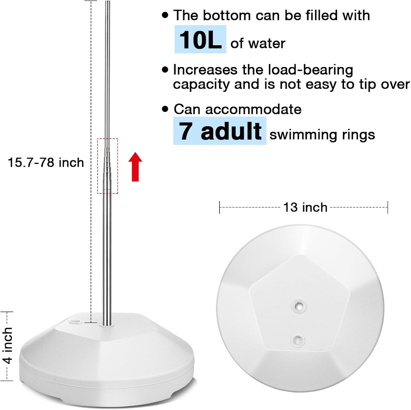 Pool Float Storage Rack 13 x 78 Inch Pool Float Holder Stainless Steel Equipment Holder Water Filling Base Portable Scalable Outdoor Rack for Swimming Outdoor Storage(White)