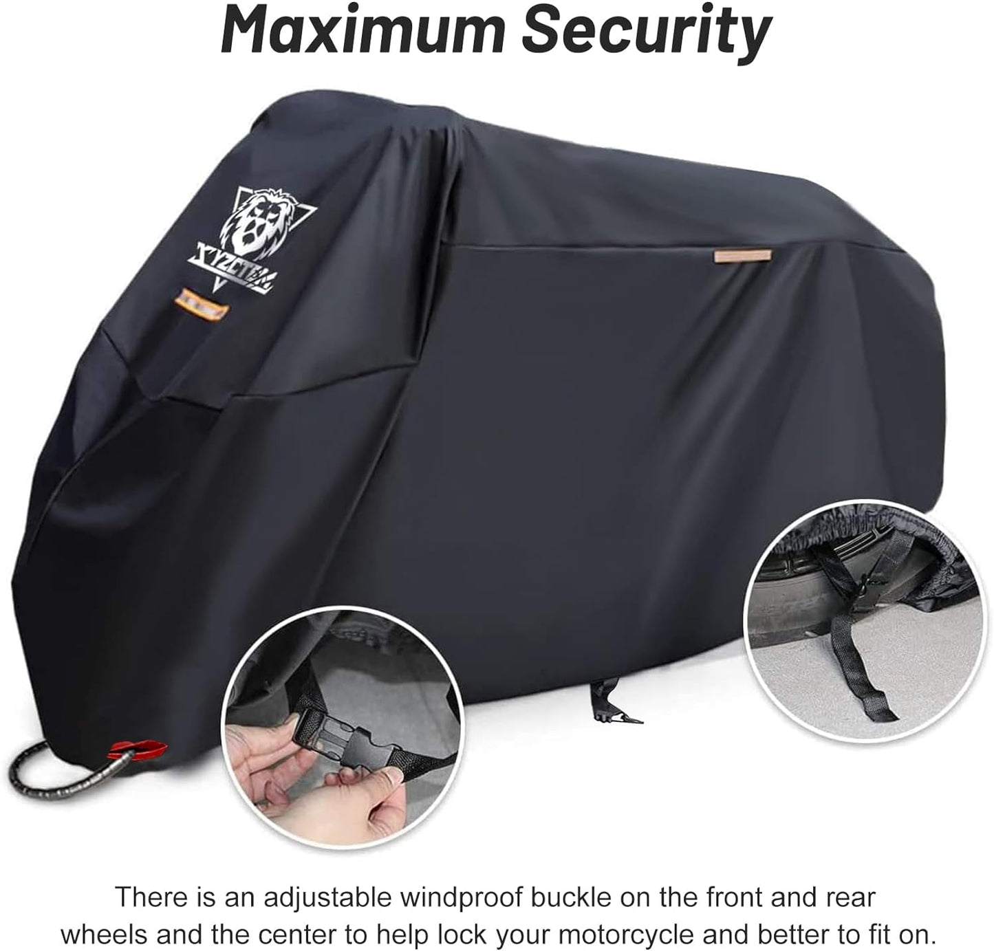 XYZCTEM Motorcycle Cover -Waterproof Outdoor Storage Bag, Made of Oxford Material, Fits up to 116" Harley Davison and All Motors (Black& Lockholes& Professional Windproof Strap)