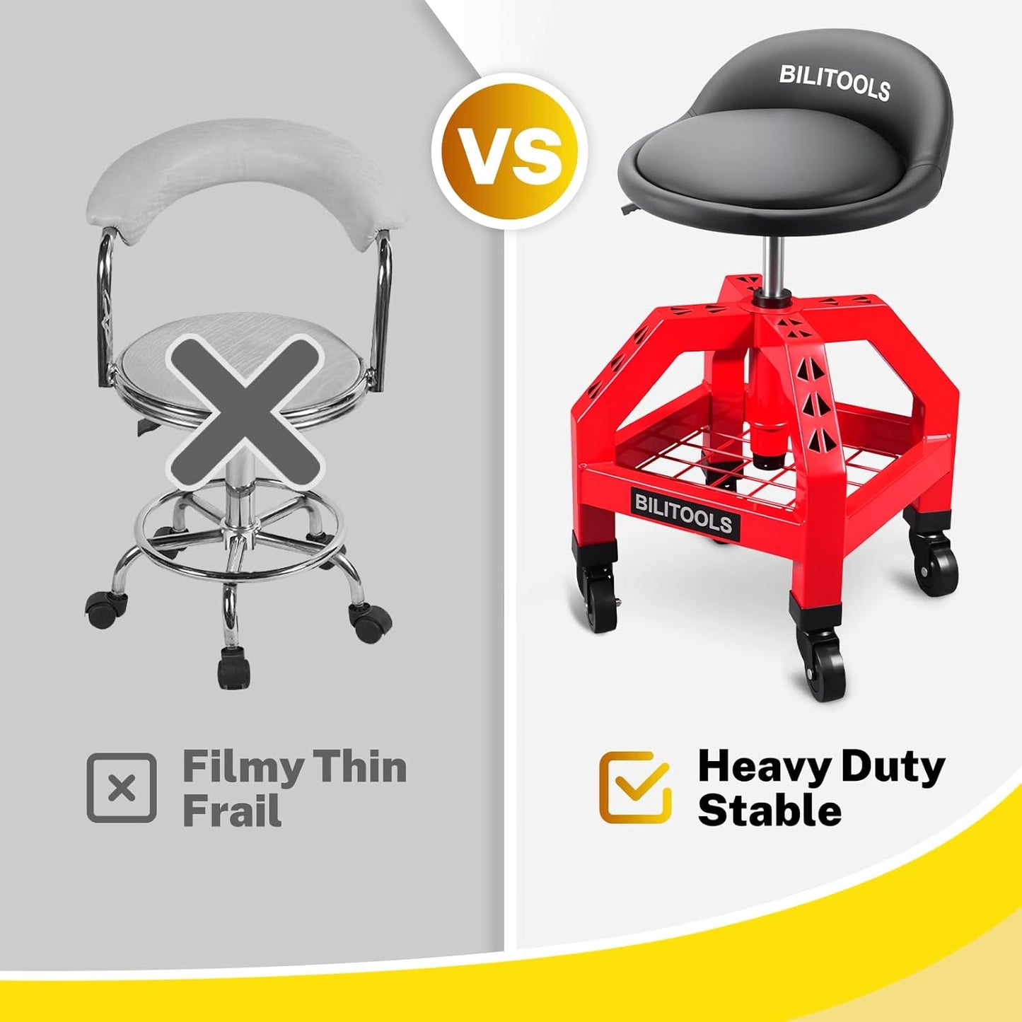 BILITOOLS Heightened Rolling Shop Stools with Wheels 26-33", Adjustable Garage Mechanic Stool Oversized Seat & Backrest, 300 LBS Shop Chair for Garage with Wheels Heavy-Duty Swivel Tool Tray Storage