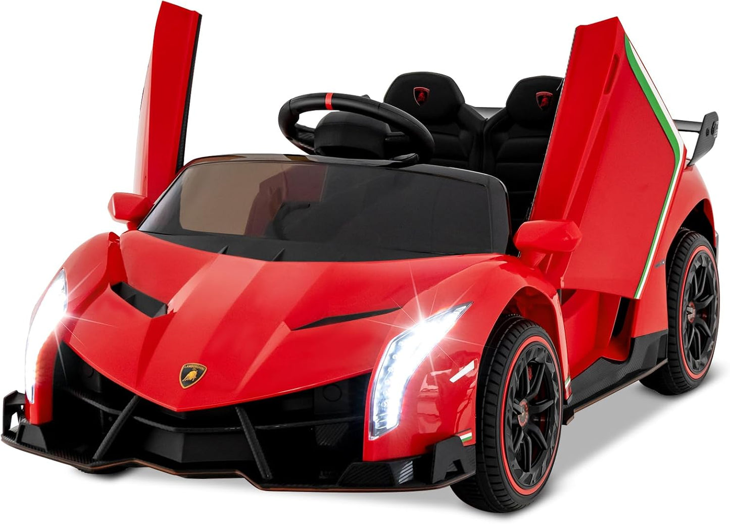Costzon Ride on Car, Lamborghini Licensed 12V Battery Powered 4WD Sports Car with Remote Control, 3 Speeds, Hydraulic Doors, LED Lights, Towing Wheel, Horn, Music, Electric Vehicle for Kids Aged 3-8