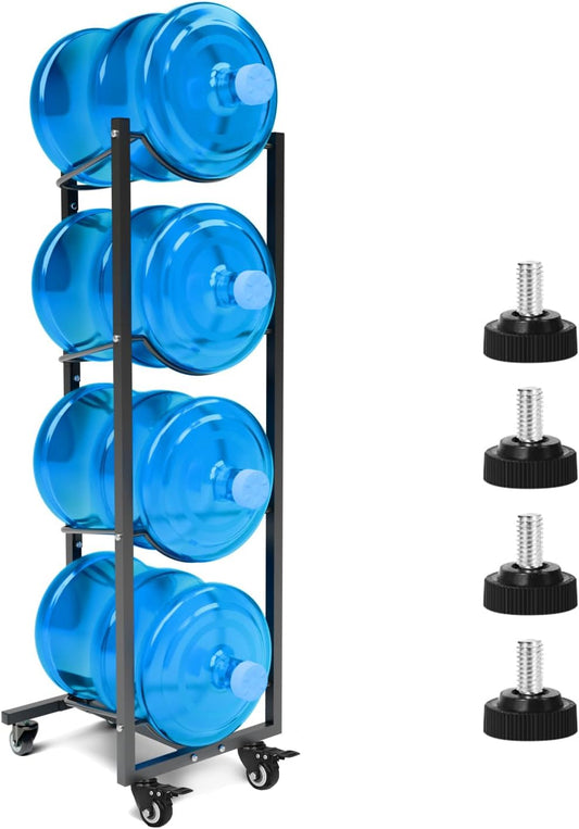 5 Gallon Water Bottle Holder: 4 Tier 5gal Water Jug Storage Rack with 4 Wheels for Home Kitchen Garage - Space Saving & Black