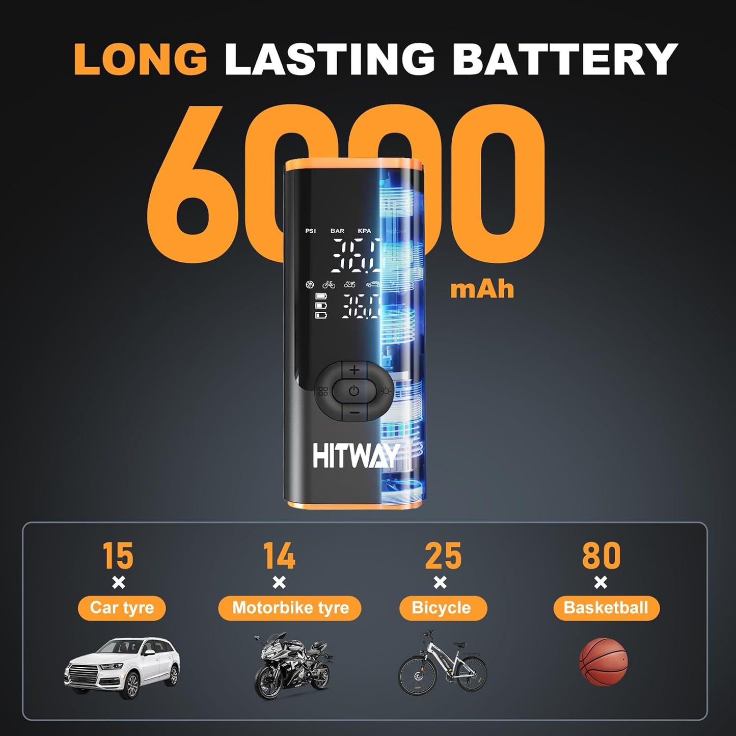 HITWAY Portable Electric Inflator Pump Supports up to 150PSI, fast inflation, suitable for car, motorcycle, bicycle tires and sports equipment, LCD display screen, USB charging, built-in LED light