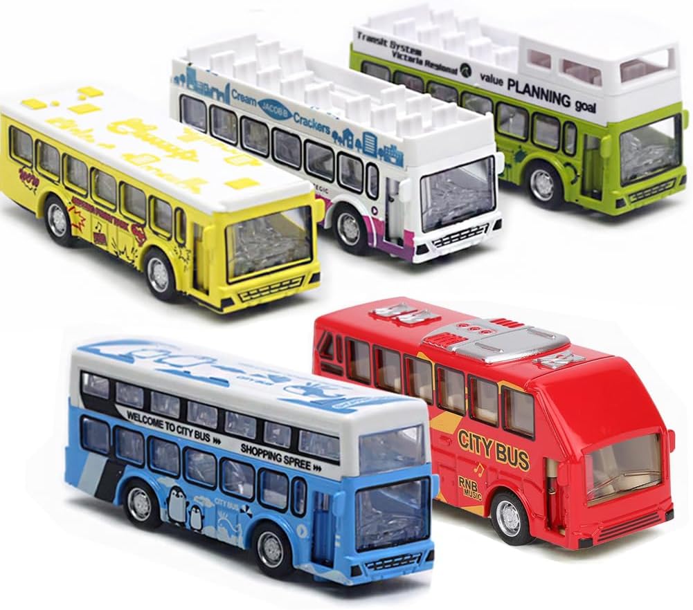 KIDAMI Die Cast Metal Toy Cars Buses Set, 1:64 Scale Double Decker City Bus Vehicles, Pull Back Cars with Openable Doors for Toddlers Boys Girls Birthday Gift