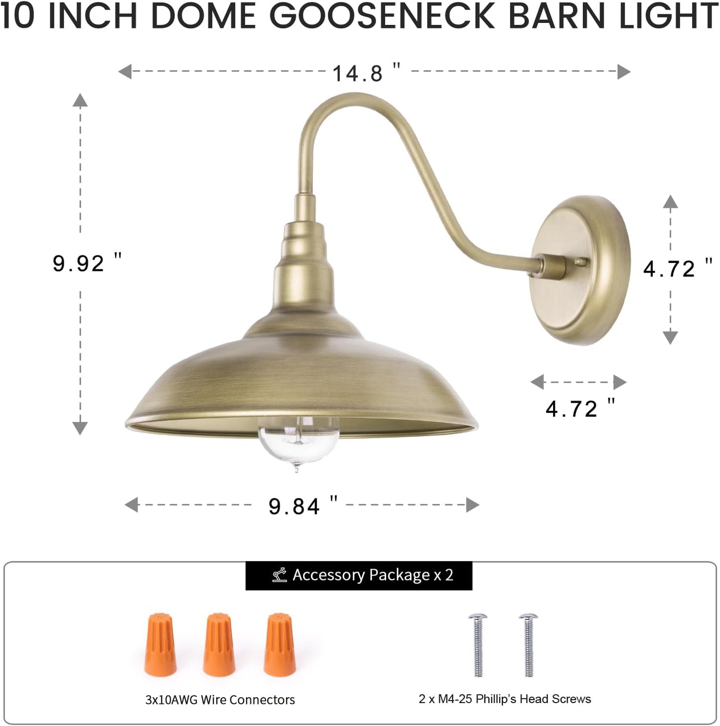 10 Inch Gooseneck Barn Light for Farmhouse, Brass Exterior Barn Style Light Fixture with Wall Mount, Outside Goose Neck Wall Sconce for Front Door Porch Patio Garage