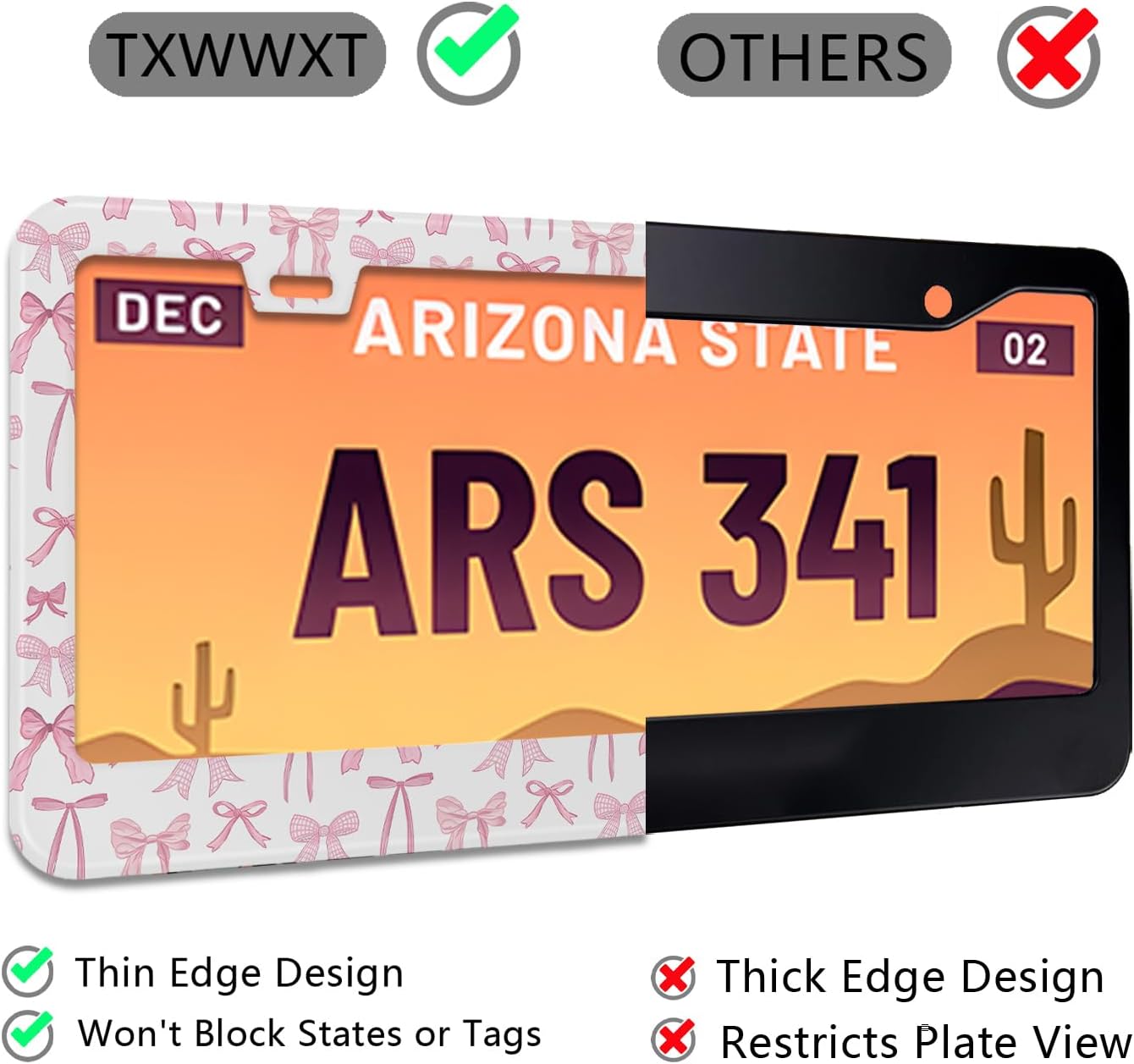 License Plate Frame for Pink Bow Stainless Steel License Plate Frames Holder Covers Rust-Proof Auto Parts Decoration with Screws License Plate Holder for Car Accessories 12x6 Inch