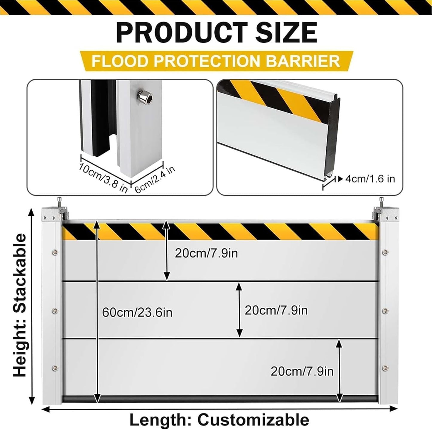 Reusable Heavy Duty Aluminum Flood Barriers for Home Exterior, Flood Protection Barriers Water Barrier Door Quick Detachable Garage Doors Detachable Mobile Rain Water Baffle (H 7.9 inch L 10FT)