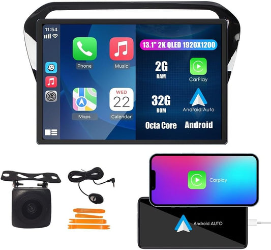 Kunfine Car CarPlay Android Auto Navigation Stereo GPS Radio Camera Display 13.1" QLED Touchscreen Headunit Tablet Media Player for Peugeot 301 2013-2022, if Applicable Octa Core 2G+32G Gloss Black