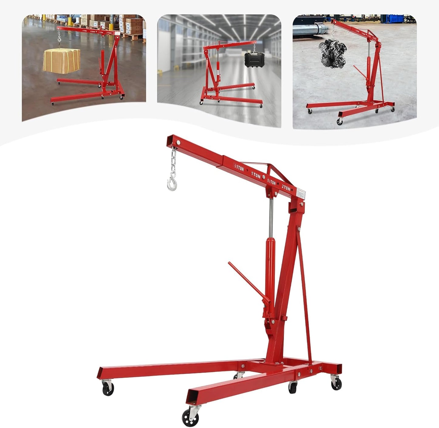 2 Ton(4409lbs) Folding Engine Hoist Heavy Duty Carbon Steel Hydraulic Shop Engine Crane Cherry Picker Shop Crane Hoist Lift with 6 Iron Caster Wheels for Car Fixing Workshop Garage (Red)