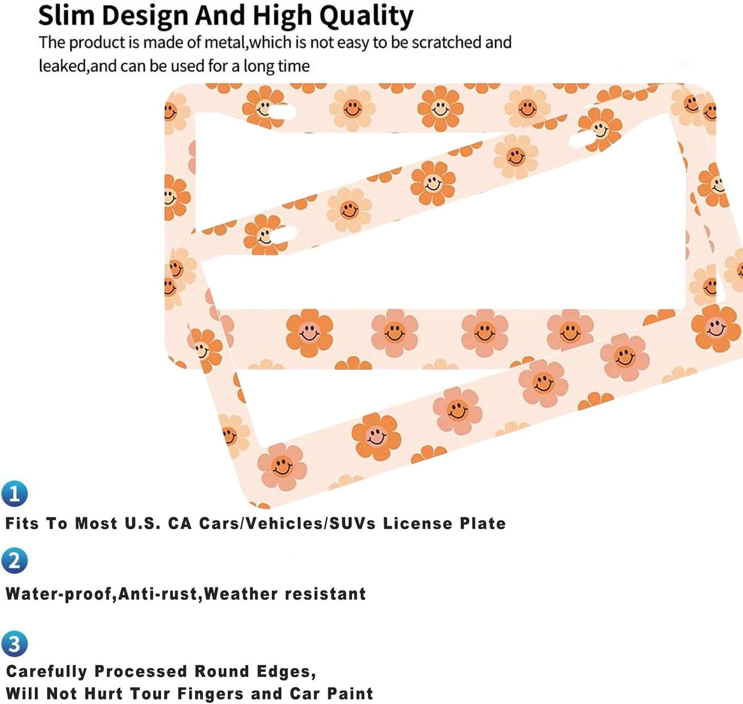 2 Pack Universal Smiley Face Flower License Plate Frame-Rustproof Aluminum Floral License Plate Frames for Women Men Fits All Vehicles, with Anti-Theft Screw Caps Included