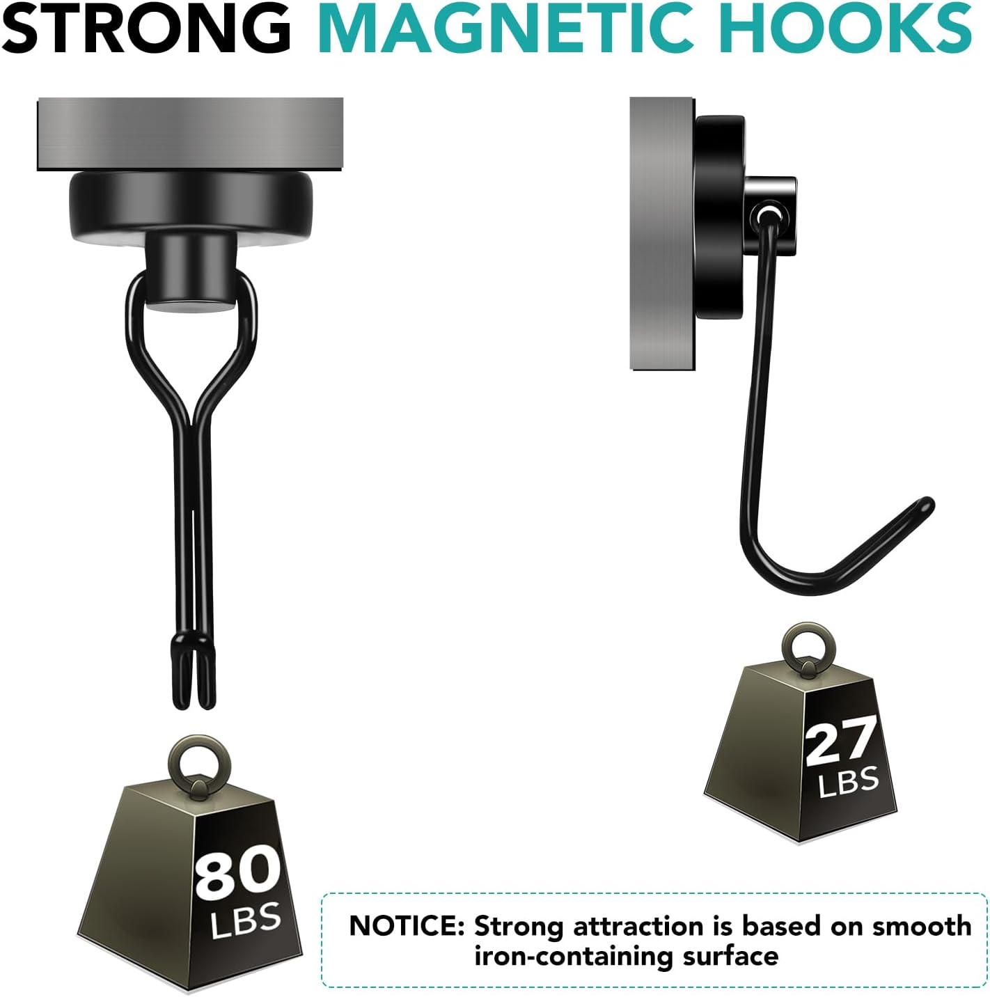 DIYMAG Black Magnetic Hooks, 80LBS Strong Magnetics Hooks Heavy Duty, Magnet Hooks with Metal Hanger for Hanging Refrigerator Home Kitchen Office, 8Pack