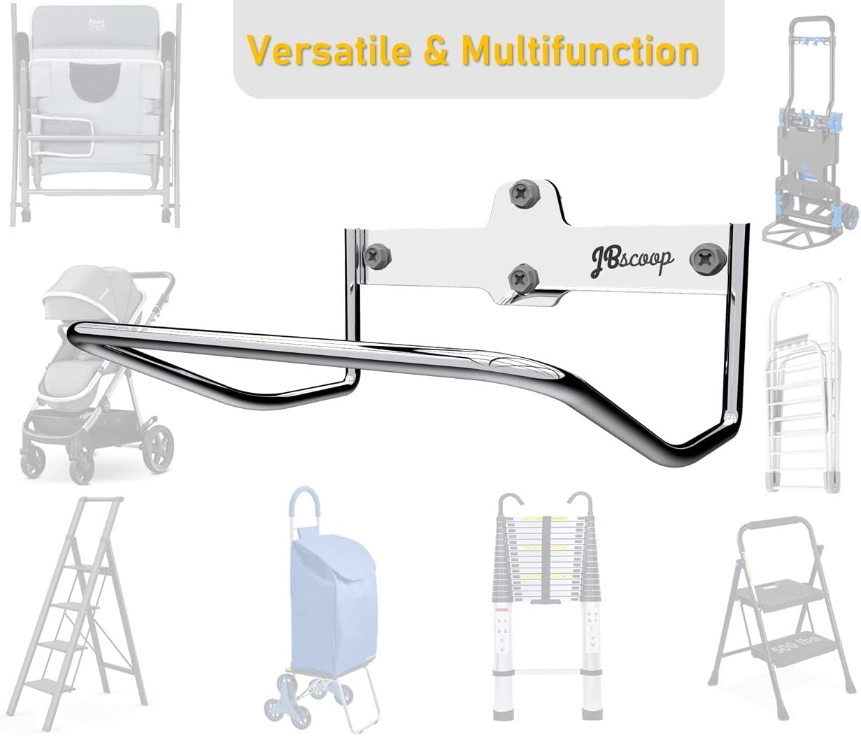 JBscoop 2 Ladder Hooks Wall Mount for Ladder Storage Strollers and Folding Chair, Heavy Duty Lader Holder Rust Proof SS304 (2)