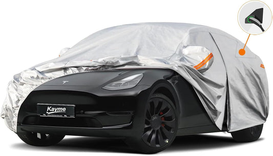 Kayme 6 Layers Car Cover Custom Fit for Tesla Model Y, Waterproof All Weather for Automobiles, Outdoor Full Car Cover Sun Rain UV Snow Protection.Silver