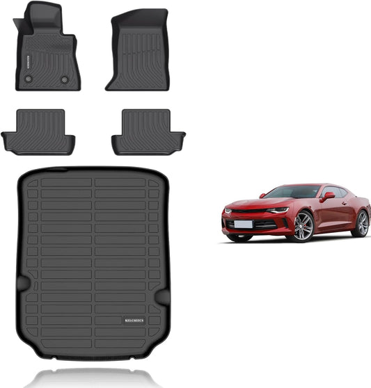 KELCSEECS® Floor Mats & Cargo Liner Custom for 2016-2024 Chevrolet/Chevy Camaro(Only for Coupe) All Weather Protection TPE Floor Liners Front& Rear Row Full Set Camaro Accessories Black