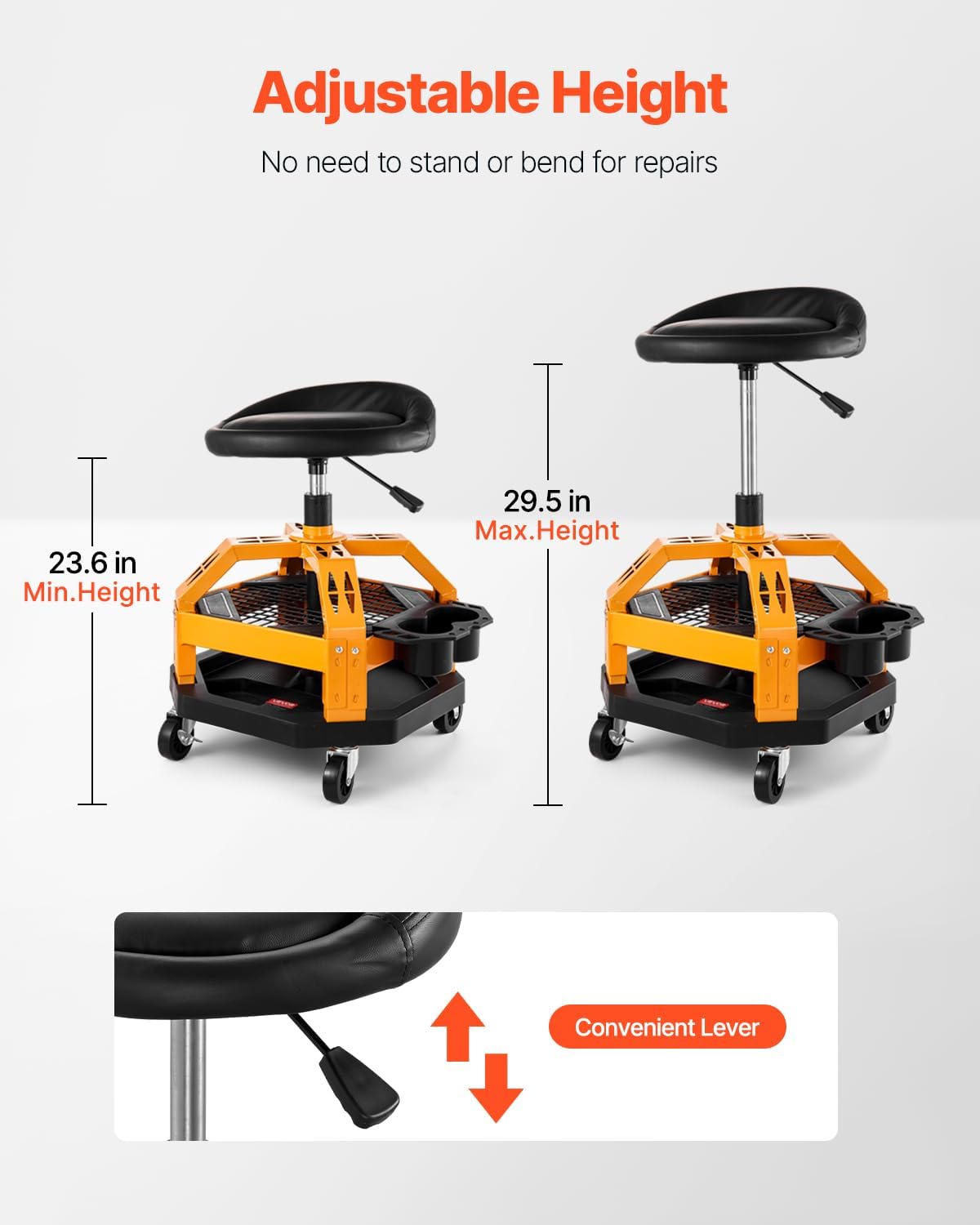 VEVOR Garage Stool, Rolling Mechanic Stool with Dual Storage Trays, Pneumatic Height 23.6–29.5 in, Soft Waterproof Cushion, 360° Swivel Casters for Garage, Shop & Auto Repair