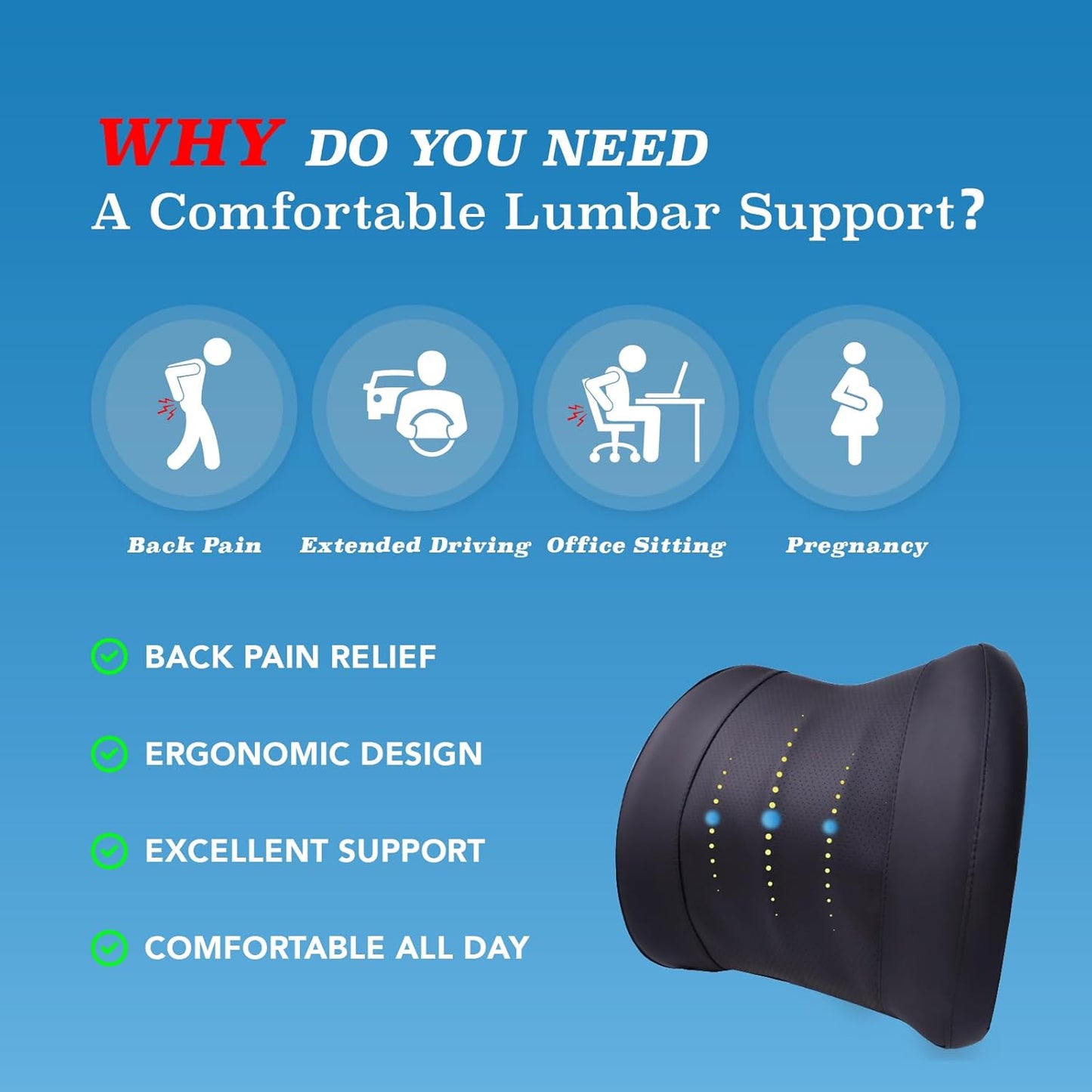 Lumbar Support Pillow for Car, Memory Foam Lumbar Pillow for Lower Back Pain Relief - Back Cushion for Driving, Chair Support for Car-Office Chair, Wheelchair - Classic Black