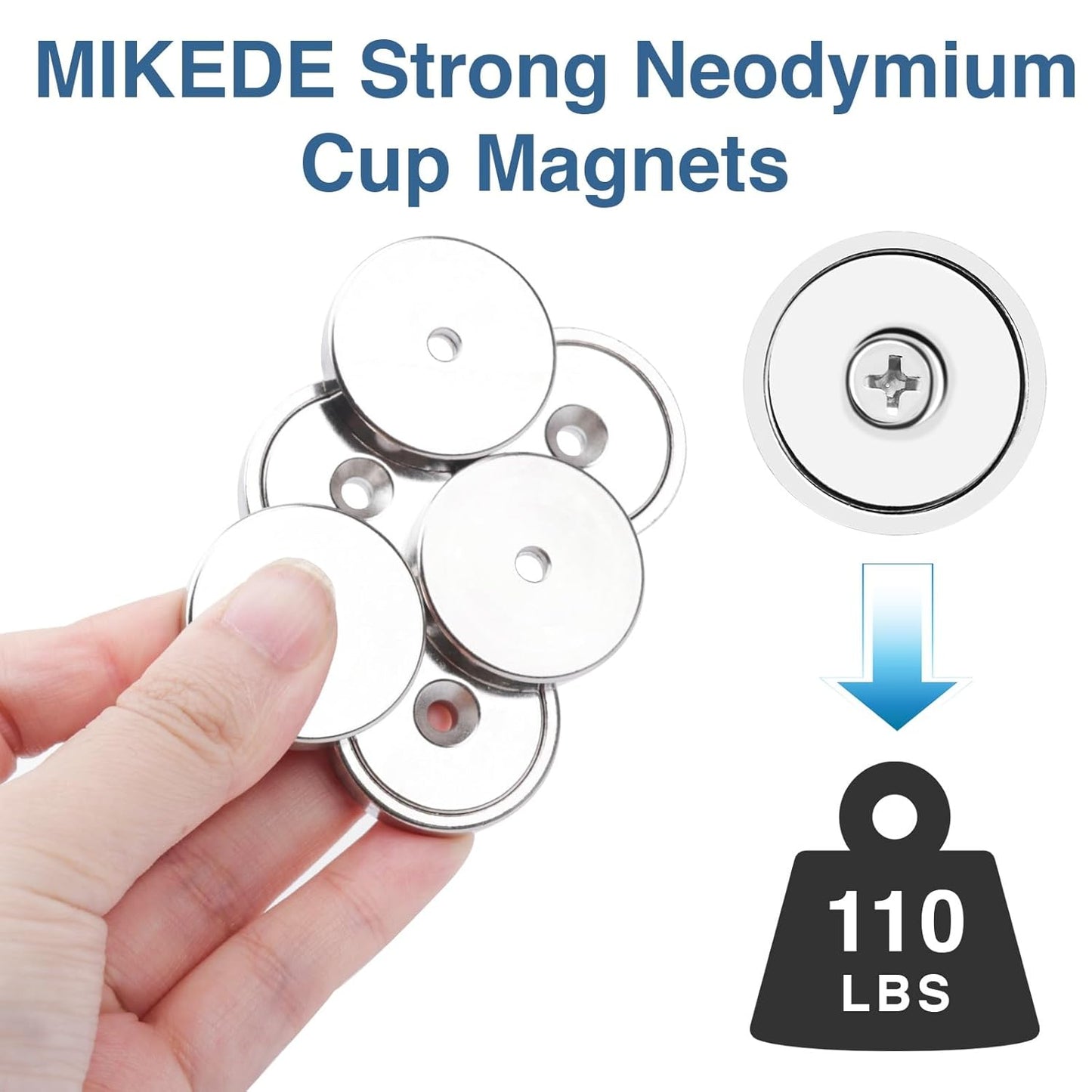 MIKEDE Strong Magnets Heavy Duty, 110LB Neodymium Cup Magnets with Countersunk Hole, Stainless Screw for Wall Mounting, Rare Earth Round Base Disc 1.26" D x 0.2" H - 10 Pack