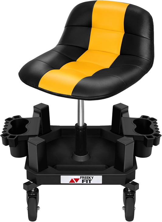 Rolling Shop Stool with Wheels, Adjustable Garage Mechanic Stool Seat Shop Roller Work Chair Mobile Rolling Seat with Tool Tray, 2 Cup Holders, 4" Casters, 350 LBS, Heavy-Duty,Yellow