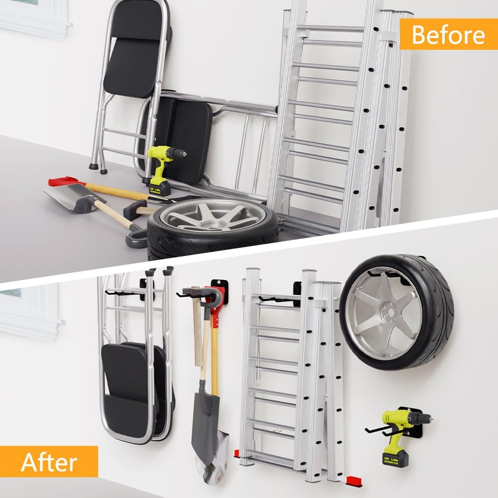 4PCS Garage Hooks Heavy Duty, Garage Hanger Storage Tool Organizer Rack, Wall Mount Utility Hooks to Hang Chairs, Ladders, Tires, Shovels, Strollers and More