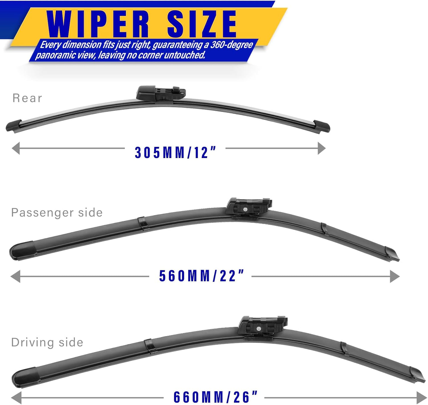 3 wipers Replacement for 2018-2022 2023 VW Volkswagen Atlas, Windshield Wiper Blades Original Equipment Replacement - 26"/22"/12" (Set of 3) Top Lock