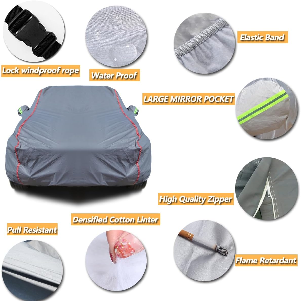 AUQDD 6-Layers PEVA New Material Sedan SUV Full Padded Car Cover Waterproof All Weather Weatherproof UV Sun Protection Snow Dust Storm Resistant Outdoor Exterior Custom Form-Fit Straps 188"-198" Grey