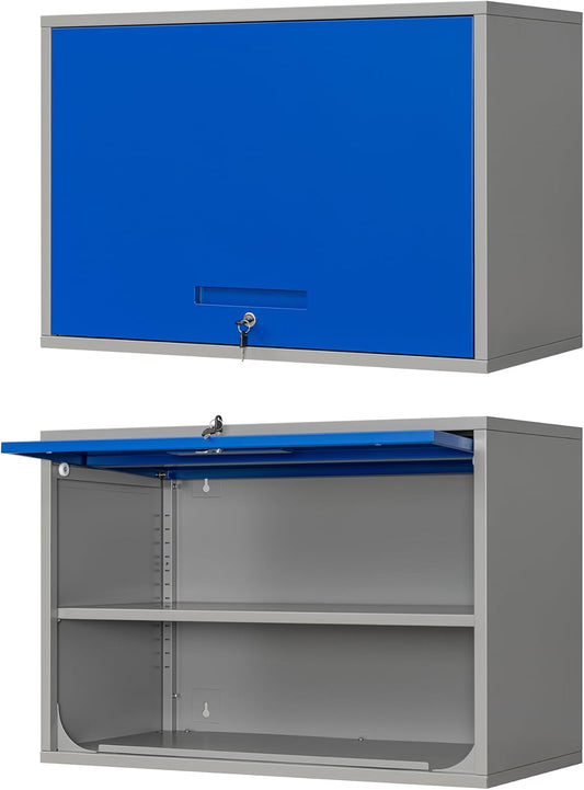 Metal Wall Cabinet with Locking Door and Shelf, Hanging Garage Cabinets with Up-Flip Doors for Garage, Warehouse, Home, Office, Assembly Required (Grey Blue, One Cabinet)
