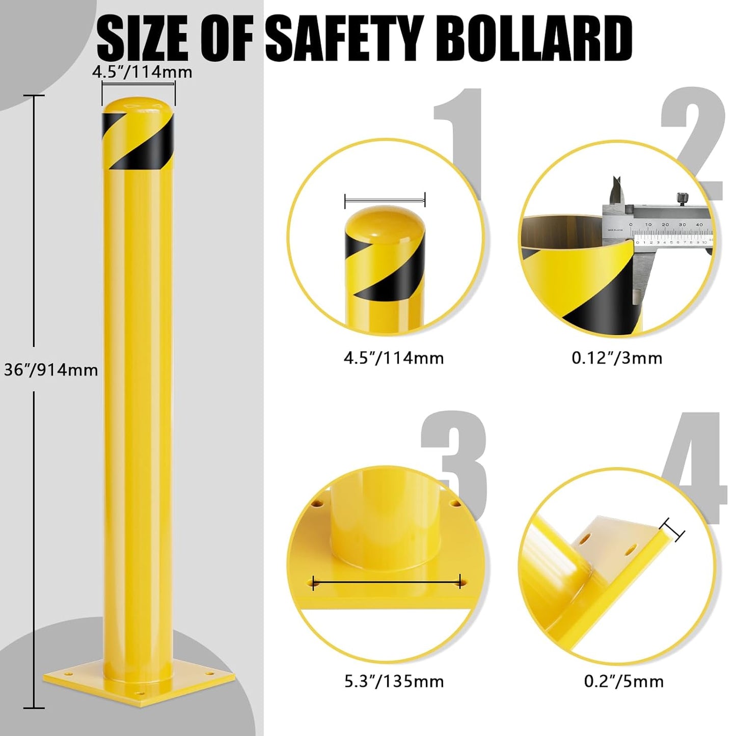Safety Bollard Post, 36 Inch Height Steel Bollards, 4.5 Inch Diameter Parking Bollard, Yellow Powder Coated Safety Parking Barrier Post, for Traffic Sensitive Areas,10P