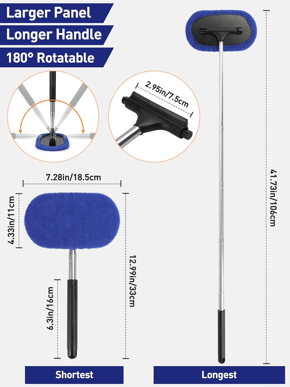 3 in 1 Car Windshield Cleaner Tool 40”Car Rearview Mirror Wiper Squeegee Wash Brush Extra Large Washable Microfiber Pad Extendable Handle Auto Window Glass Cleaning Kit Interior Exterior Dusting