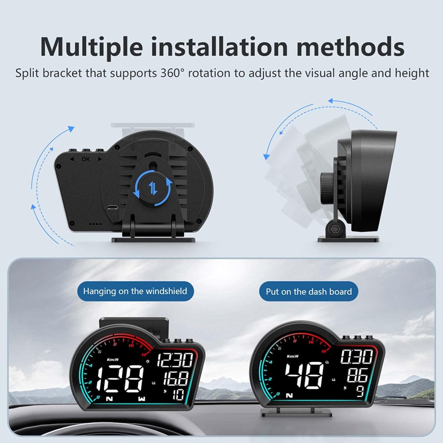 ACECAR Digital GPS Speedometer Universal Car Head Up Display with Speed MPH Compass Direction Fatigue Driving Reminder Driving Distance Altitude Overspeed Alarm HD Display HUD for All Vehicle