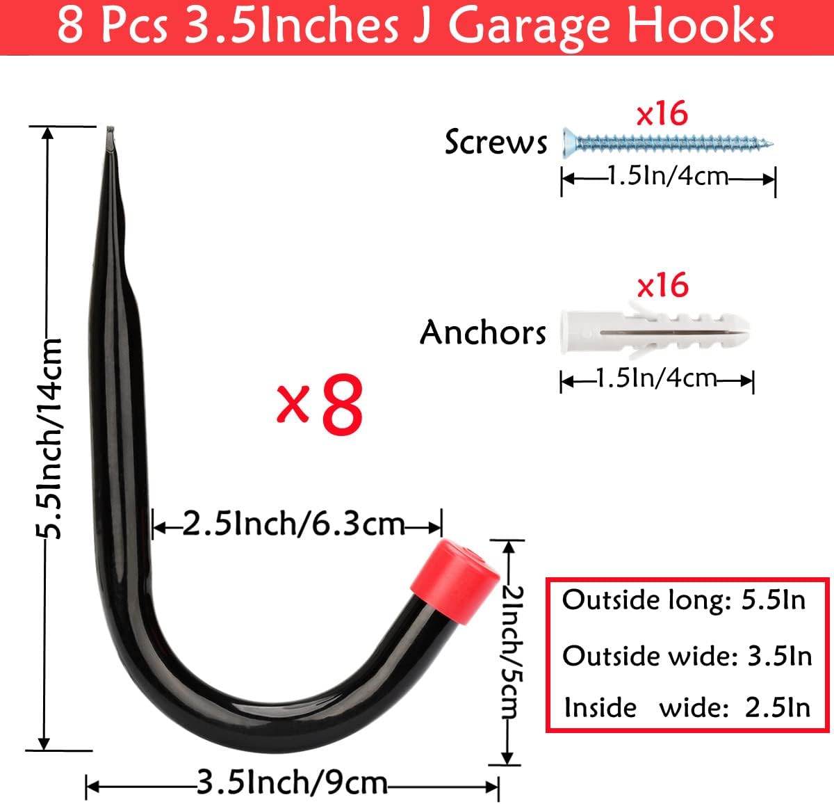Garage Storage J Utility Hook, 8 Pack Heavy Duty Wall Mounted Hanging Hooks Organize Garden Tools, Gym Bags, Stroller, Toy,Power Tool, Black and Red
