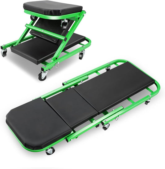 DNA MOTORING 40 Inches Folding 2 in 1 Rolling Z Creeper, Adjustable Roller Garage Chair Lay Down or Sit, 6 Pcs 2" Casters, 150kg Weight Capacity, Green, TOOLS-00187-GR