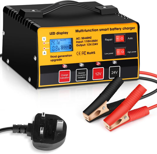 Outerman Car Battery Charger,12V-12A/24V-8.5AMH Smart Automatic Battery Charger,High/Low Power Trickle Charger Battery Maintainer and Desulfator,for Motorcycle Lawn Mower Marine Lead Acid Batteries