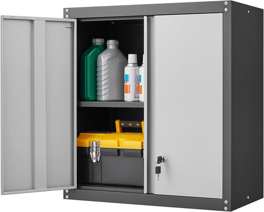 GREATMEET Lockable Storage Cabinet, Metal Garage Storage Cabinets, Metal Wall Cabinet for Garage, Wall Mount Cabinet with Lock and Adjustable Shelf, Floating, Black&Grey