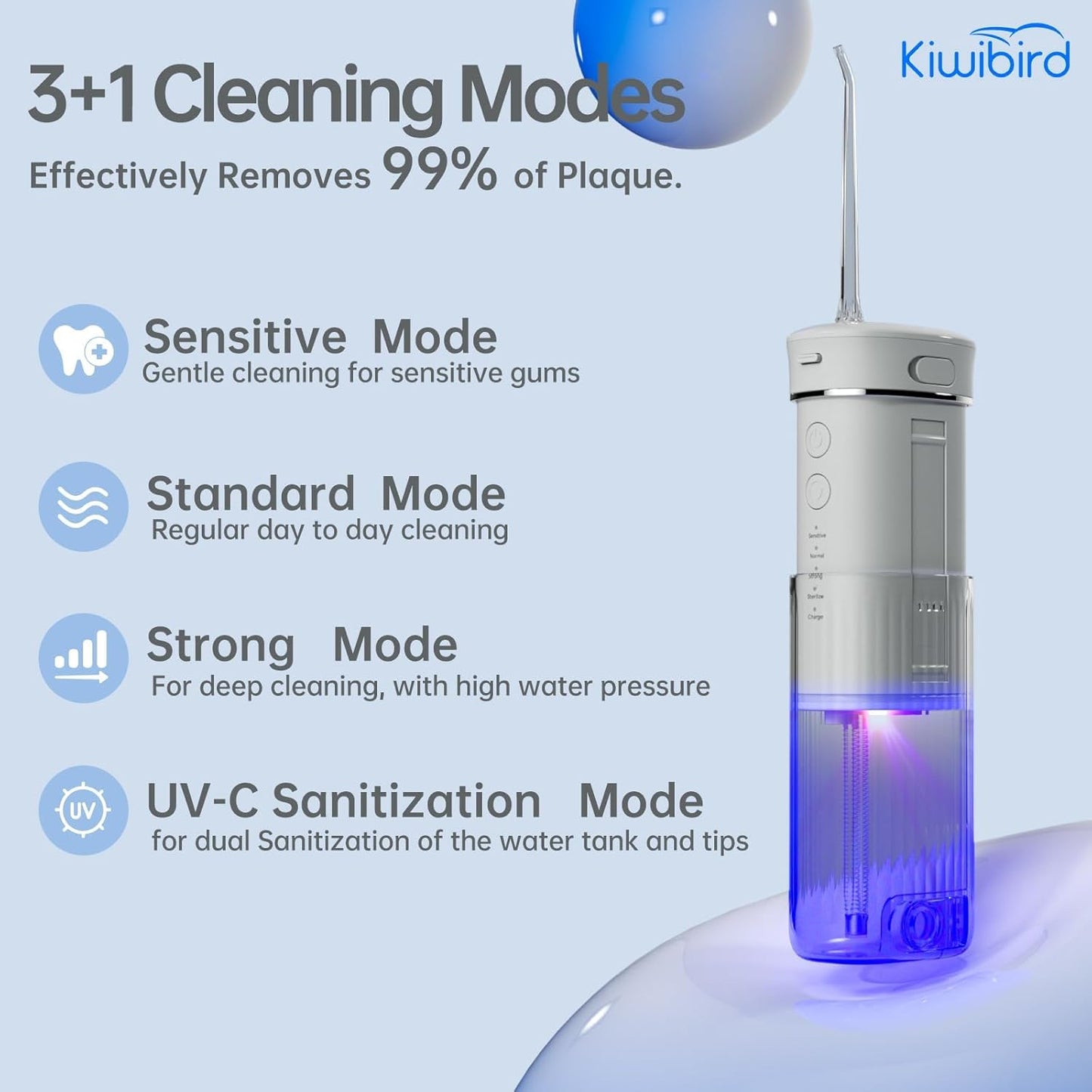 KIWIBIRD Mini Water Flosser for Travel, Ultra-Portable Cordless Oral Irrigator with UVC Light, IPX8 Waterproof 3 Modes, 230mL Teeth Cleaner for Tonsil Stones & Braces Care - Home & Travel (Green)