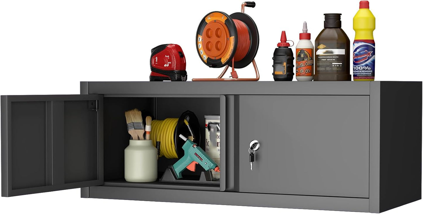 GREATMEET Metal Garage Storage Cabinets, Lockable Storage Cabinet with Doors, Wall Mount Cabinet Storage with Lock, Hanging Floating (Black, 13" H)