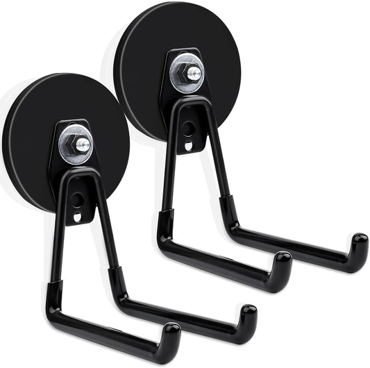 MIN CI 2 Pack Magnetic Hooks, 3.46" (88 mm) Heavy Duty, Black, Neodymium & Rubber, 35 lbs Max Weight, Industrial Style, Garage, Workshop, Kitchen, Pegboard, Metal Cabinets