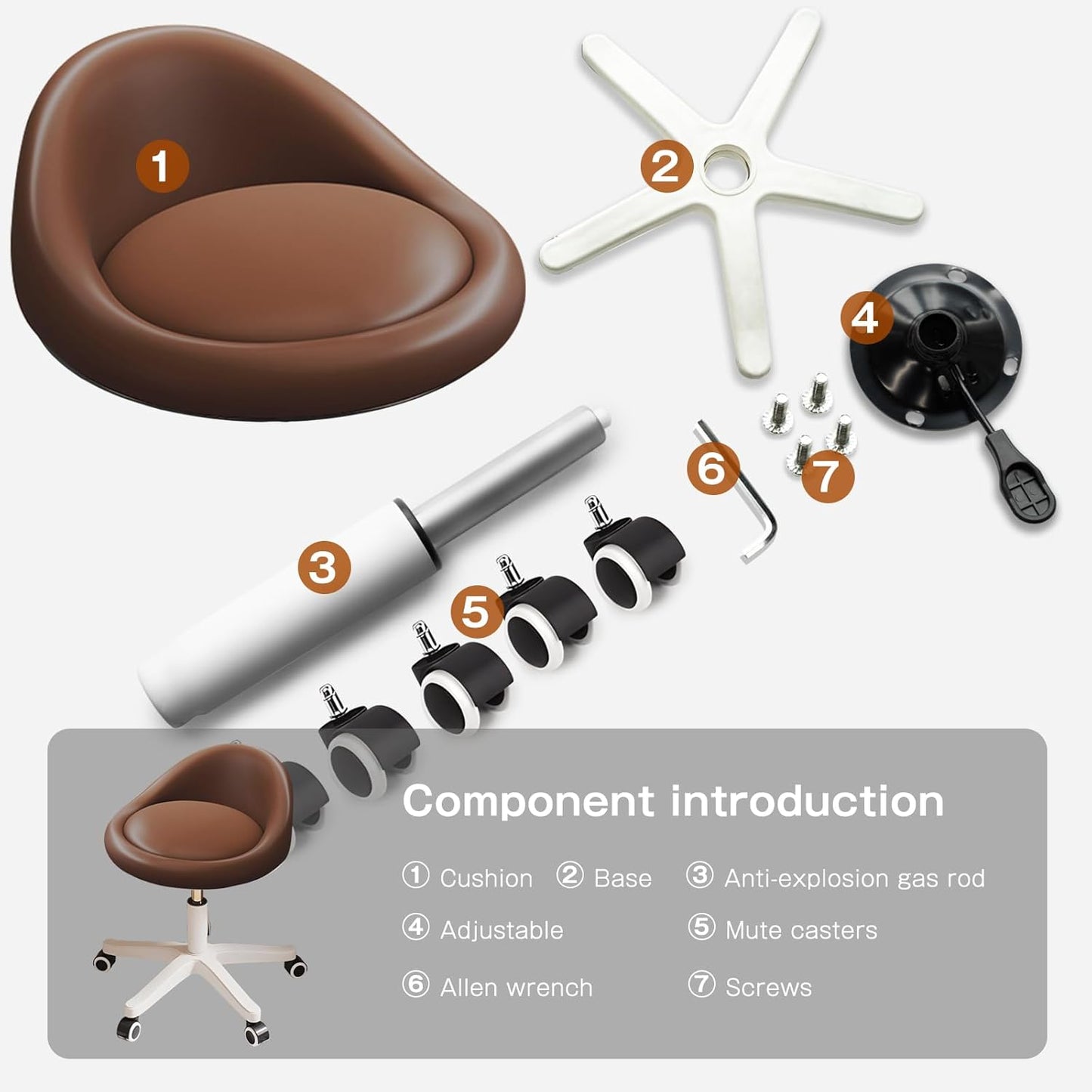 Rolling Stool Set of 4 Rolling Hydraulic Salon Stool with Low Backrest - Adjustable Swivel Chair for SPA, Shop, Salon, Massage, or Medical Office Brown