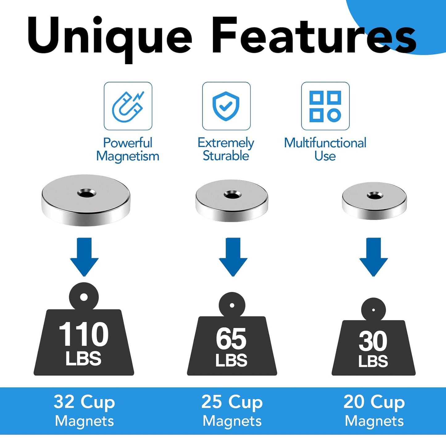 LOVIMAG Strong Rare Earth Magnets, 3 Sizes - Neodymium Cup Magnets with Countersunk Hole and Screw for Tool Organizer, Fridge, Cabinet - Pack of 12