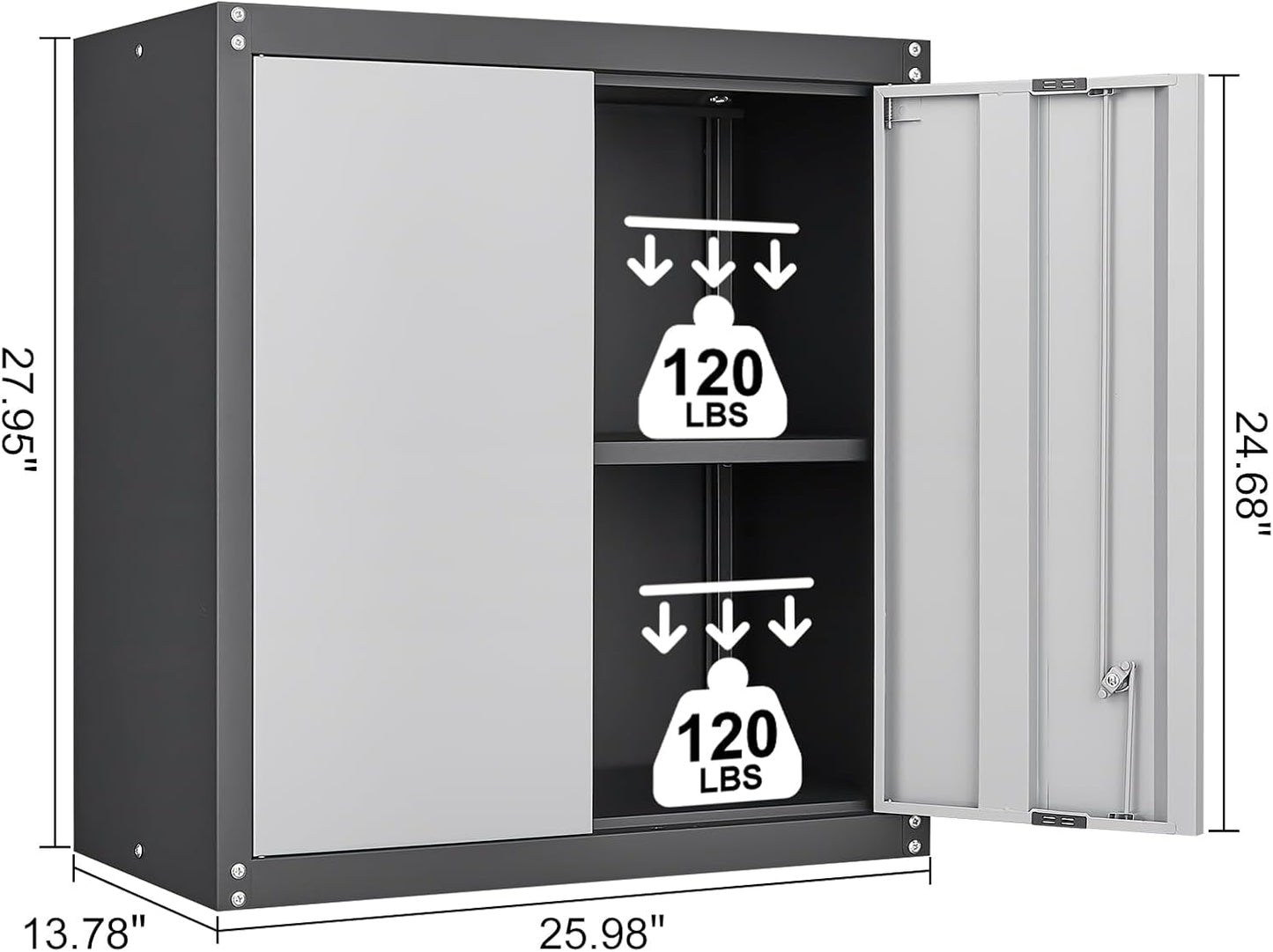 LUCYPAL Garage Wall Cabinet,Metal Wall Storage Cabinet with Adjustable Shelf and Locking Doors,Floating Utility Cabinets for Warehouse/Basement/Kitchen (Black&Grey,27.95" H)