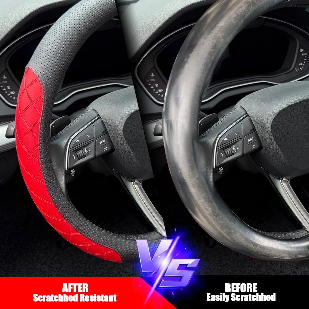 LKWLIKEI Nappa Leather Steering Wheel Cover, Elegant Diamond Checkered Design, Non-Slip wear-Resistant, Enhance Driving Comfort, Suitable for Steering Wheel Diameter 14 1/2‘-15’ Models .Black Red