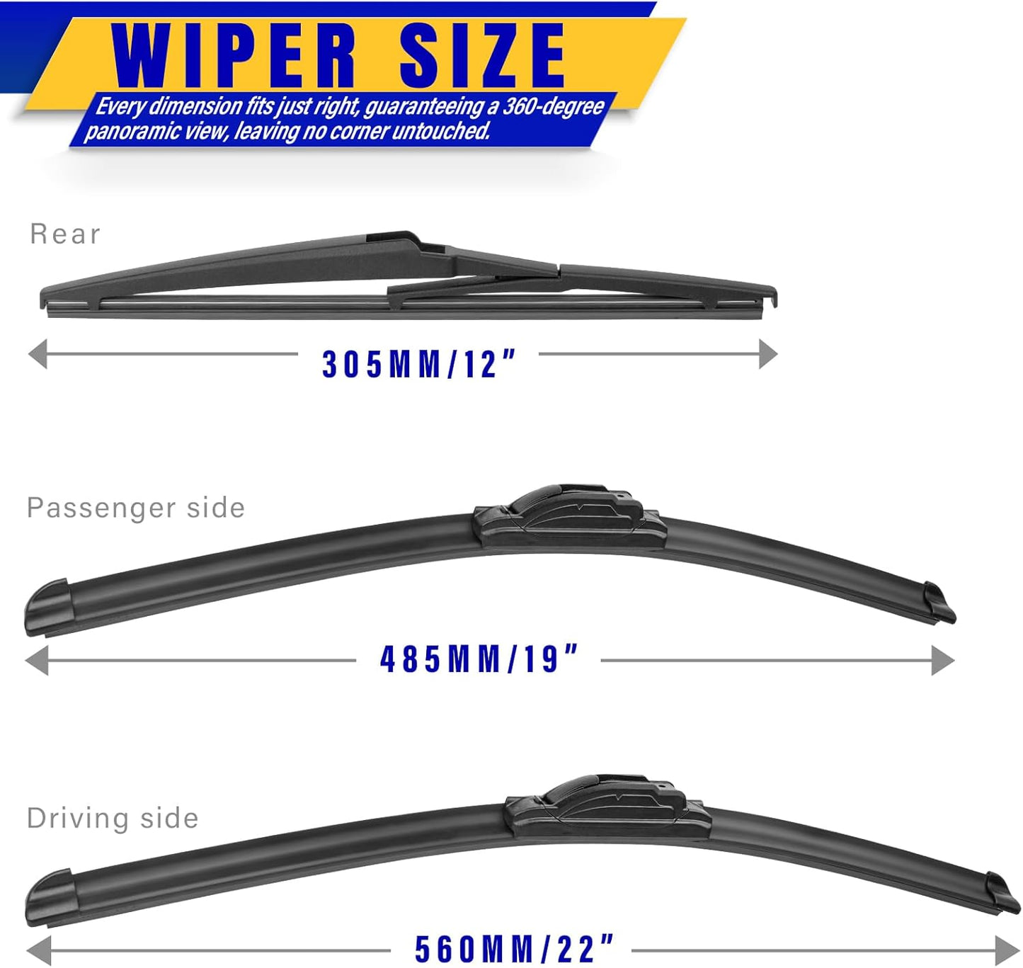 3 wipers Replacement for 2001-2005 Toyota Rav4/2001-2007 Toyota Highlander, Windshield Wiper Blades Original Equipment Replacement - 22"/19"/12" (Set of 3) U/J HOOK
