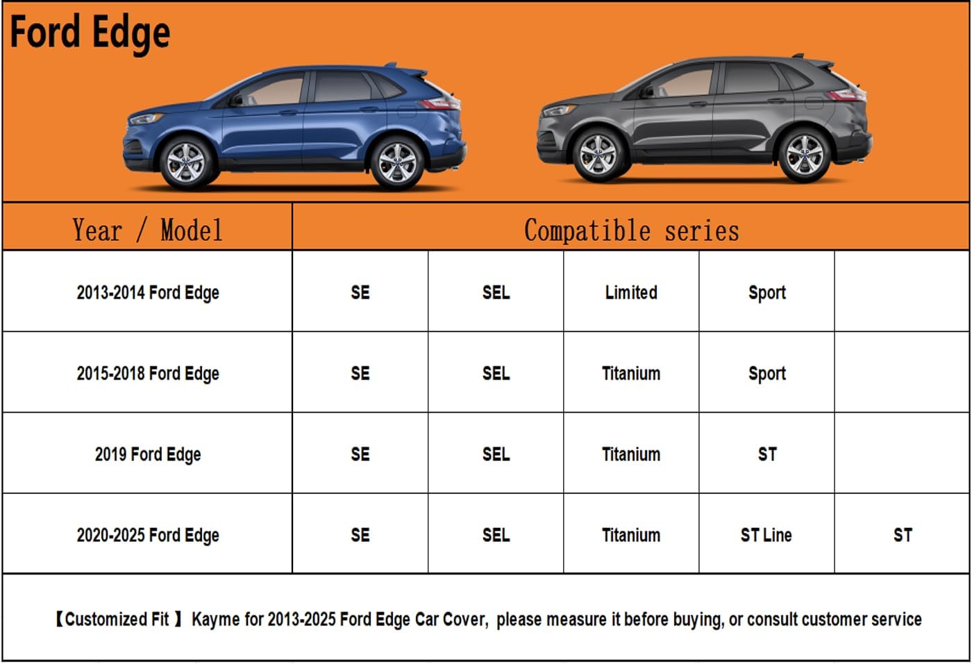 Kayme 6 Layers SUV Car Cover Custom Fit for Ford Edge（2013-2025） Waterproof All Weather for Automobiles, Outdoor Full Cover Rain Sun UV Protection.Silver