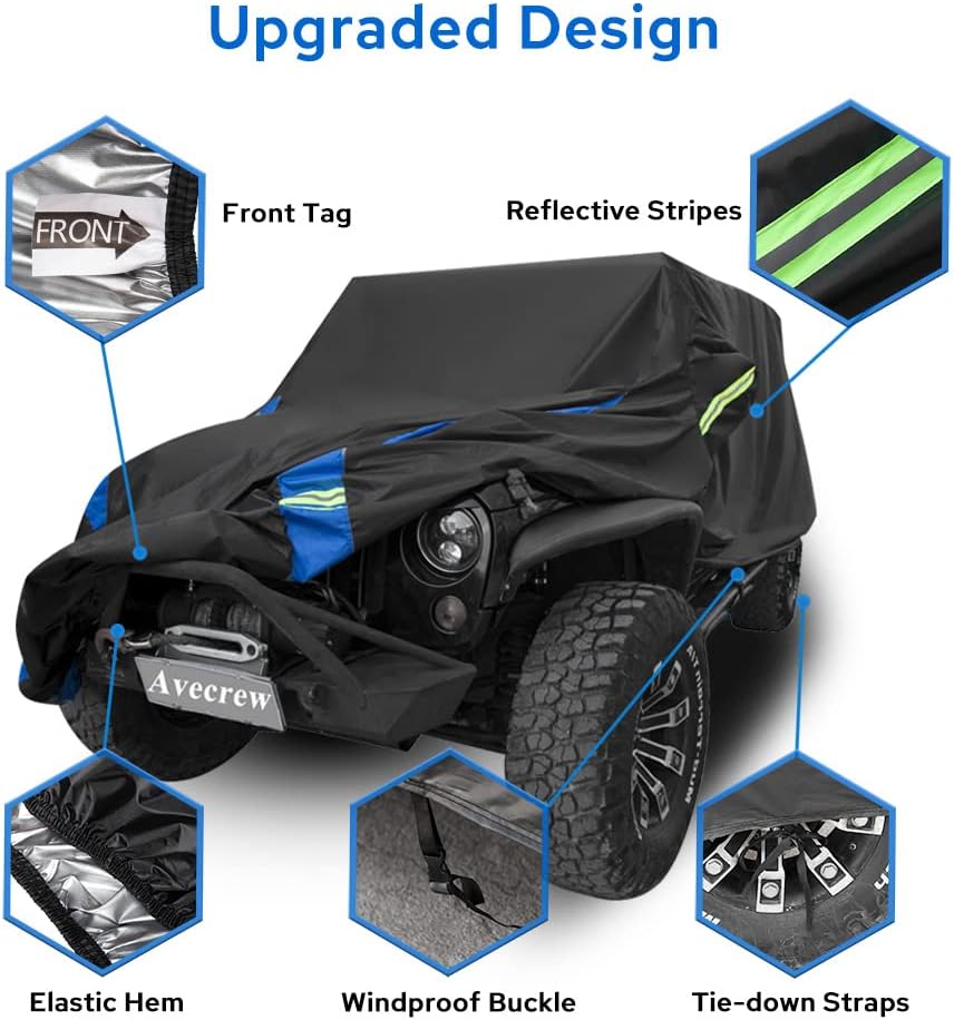 Avecrew for Jeep Wrangler Cover Waterproof 4 Door, All Weather for Jeep Rain Cover for Automobiles, Outdoor Full Exterior for Jeep Covers Fits JK JL TJ YJ CJ