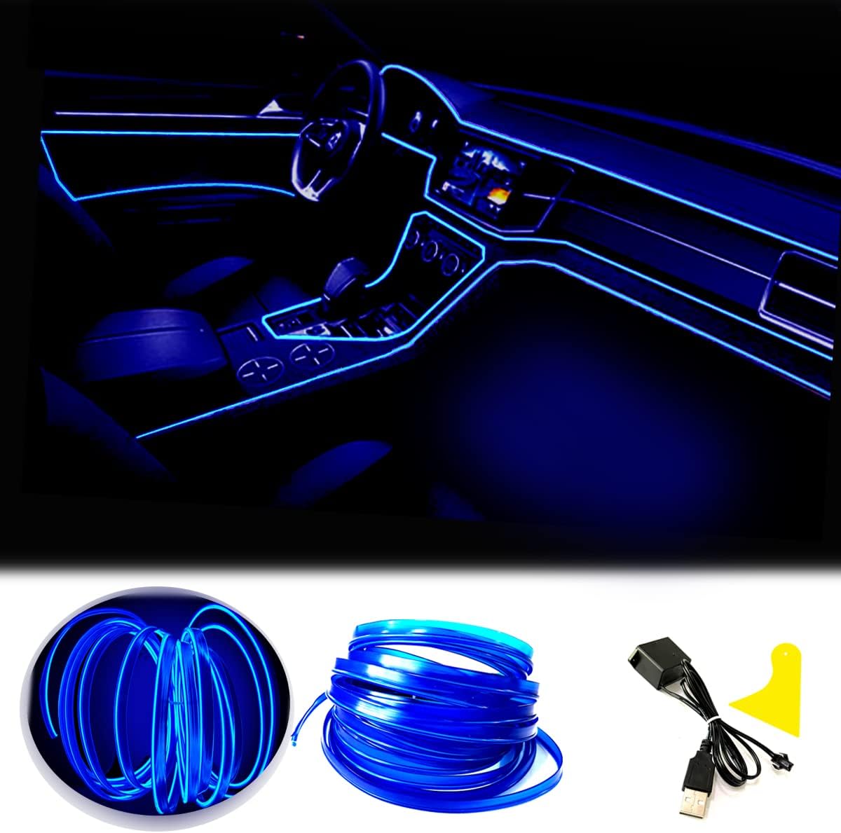 El Wire Blue Interior Car LED Strip Lights, 2M Neon Wire USB 5V with Fuse Protection for Automotive Interior Decoration, with 6mm Sewing Edge