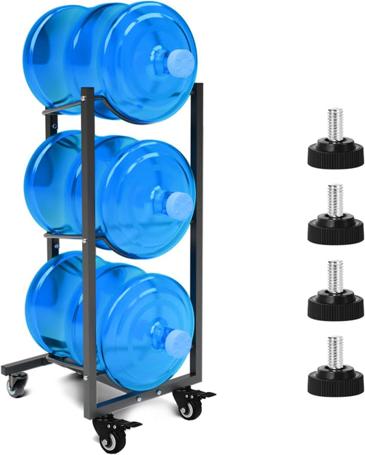Water Jug Holder with 4 Wheels: 3 Tier Movable Gallon Bottle Storage Rack for Office Gym Garage - Black