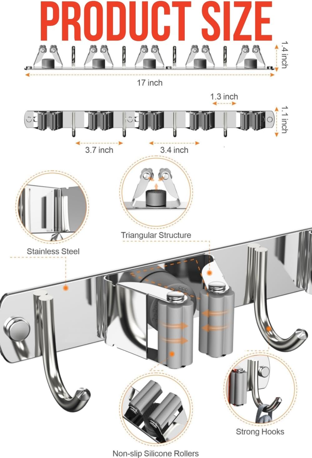 Mop and Broom Holder Wall Mount, Upgraded Broom Hanger Wall Mount, Stainless Steel Broom Organizer for Closet Garage Laundry Room Kitchen Wall Decor(5Racks 4Hooks Silver)