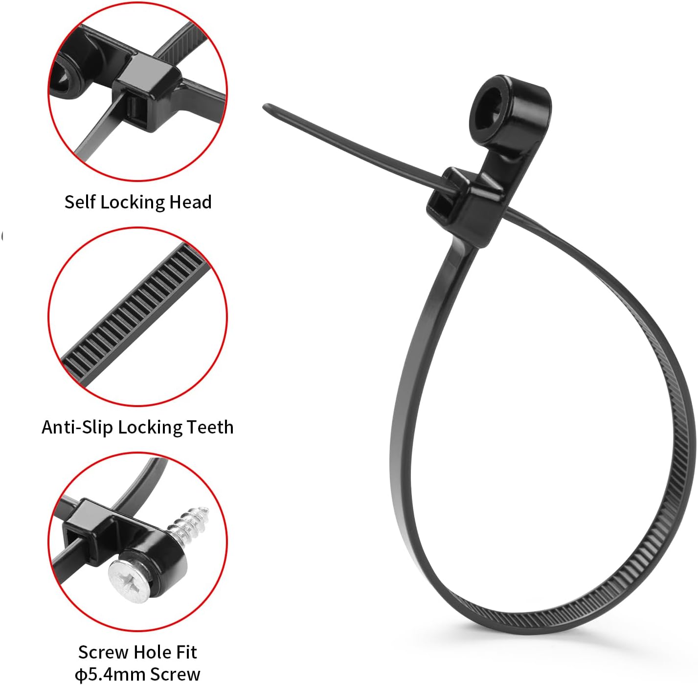 1000 PCS 12 inch Black Zip Ties with Screw Hole 70lbs Mountable head Cable Ties Straps Multipurpose Heavy Duty Nylon Cable Zip Ties with Screw Mounting Hole