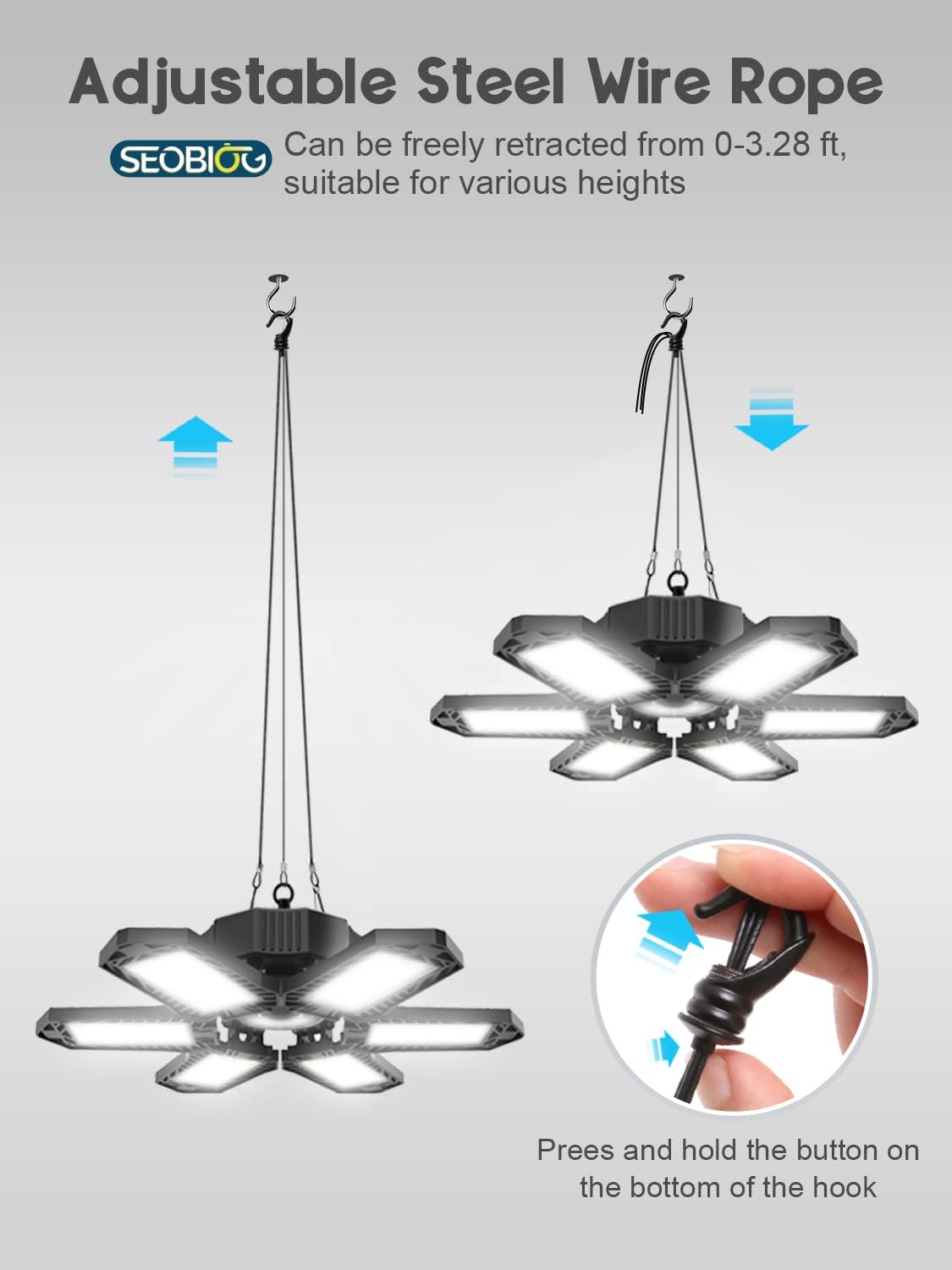SEOBIOG LED Garage Lights 4 Pack, 200W 20000LM Plug in Linkable LED Shop Light, 6500K Ceiling Light Fixtures with 6+1 Deformable Panels for Garage, Work Bench (Built-in ON/Off Switch)